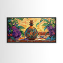 Tequila Bottle, Floral, Decor, Framed Canvas Print, Mexican kitchen wall art, vibrant bottle painting, fiesta bar wall boho artwork