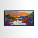 Winter Sunset, Lake, Trees, Framed Canvas Print, Autumn cabin wall art, colorful landscape living room decor, mountain snow painting