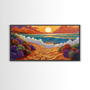 Beach Ocean, Sunrise, Coastal Path, Framed Canvas Print, Vibrant Seaside Art, Bathroom Wall Decor, Nature Landscape, Colorful Waves