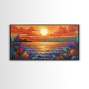 Flowers Sunset, Ocean View, Coastal Bloom, Framed Canvas Print, Vibrant Nature Art, Kitchen Wall Decor, Beach Garden Scene, Bold Colors