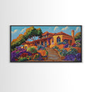 Villa Garden, Adobe, Colorful, Framed Canvas Print, vibrant Mexican villa wall art, blooming flowers, southwestern kitchen décor
