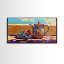 Teapot Patio, Desert, Ceramic, Framed Canvas Print, bold desert teapot art, colorful Mexican pottery, sunny outdoor patio wall art