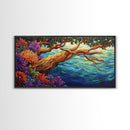 Tree, Ocean, Cliffside, Wildflowers, Framed Canvas Print, Vibrant ocean view, coastal tree decor, autumn style living room wall art