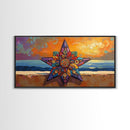 Star Sunset, Ocean, Mandala, Framed Canvas Print vibrant boho wall art, coastal living room decor, sunset mandala beach house artwork