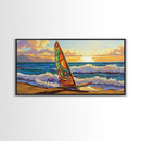 Windsurf Sunset, Beach Scene, Canvas Print, colorful surfboard at sea painting, coastal adventure, Bedroom Wall Art, surfer boho art