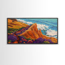 Cliff Flowers, Ocean Horizon, Framed Canvas Print, bold floral bluff, coastline scene, vibrant scenic Kitchen Wall Art, boho decor