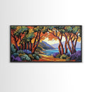 Trees Autumn, Ocean Trail, Canvas Print, Fall landscape, trees leading to ocean view, colorful palette, Living Room Wall Art