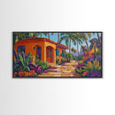 Villa, Palm Trees, Pathway, Lush Garden, warm tropical Canvas Print, boho patio decor, summer bungalow living room wall art