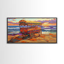 Sunset Beach, Wagon, Vibes, Coastal boho decor, colorful ocean art, Canvas Print, beach house wall art, living room sunset painting
