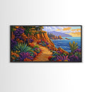 Pathway Ocean, Flowers, Escape, Coastal trail wall art, vibrant Canvas Print, bedroom nature painting, colorful California coast style