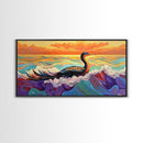 Ocean Bird, Sunset, Framed Canvas Print, Vibrant seabird in waves sunset seascape painting, Colorful Coastal Decor, Bathroom Wall Art