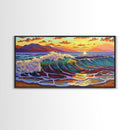 Waves Surf, Sunset, Framed Canvas Print, Colorful crashing wave with glowing sunset sky, Coastal Surfer Decor, Beach House Wall Art