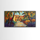 Villa Garden, Palms, Path, Framed Canvas Print, tropical courtyard scene, Mediterranean decor, living room wall art, villa painting