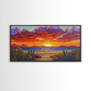 Sunset Beach, Desert, Cactus, Framed Canvas Print, vivid sunset desert beach scene, boho coastal decor, southwestern wall art