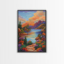 Lake Sunset, Mountains, Cabin, Framed Canvas Print, Serene mountain lake at sunset with cozy cabins, peaceful autumn living room wall art