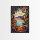 Tropical Lake, Sunset, Leaves, Canvas Print colorful tropical art, jungle boho decor, vibrant beach house wall art, exotic nature room print