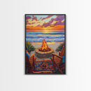 Firepit Sunset, Beach, Chairs, Canvas Print, cozy beach fire art, boho sunset vibes, fall bonfire wall decor, living room or patio