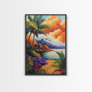 Sunset Palms, Ocean, Autumn, Framed Canvas Print coastal tropical wall art, bold sunset palm decor, boho living room art, beach house vibe