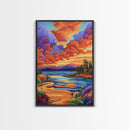 Sunset Lake, Pathway, Dreamy, Framed Canvas Print vibrant sunset lake art, colorful sky and mountain scene, living room art, office boho decor
