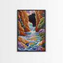 Waterfall Arch, Canyon, Coastal, Framed Canvas Print dramatic coastal waterfall painting, colorful canyon ocean view, nature boho decor