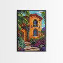 Tropical Villa, Sunset, Vibes, Framed Canvas Print, Mediterranean wall art, boho home decor, warm palette, Kitchen or Living Room