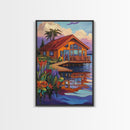 Cabin Dock, Water, Reflection, Framed Canvas Print, lake house decor, cozy retreat wall art, rustic reflection painting, fall colors