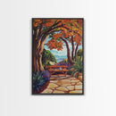 Autumn Table, Garden Path, Scenic View, Framed Canvas Print, cozy fall art, rustic decor, nature painting, Dining Room Wall Art