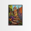 Garden Shrine, Stone Steps, Mission Style, Framed Canvas Print, colorful religious art, desert decor, boho rustic, Living Room Wall Art