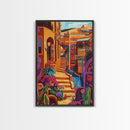 Adobe Village, Desert Color, Southwest Scene, Bright Homes, Framed Canvas Print, Living Room Wall Art, boho rustic art, warm decor