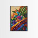 Fiesta Garden, Cactus Flowers, Bright Patio, Mexican Blooms, Framed Canvas Print, Kitchen Wall Art, boho floral decor, folk charm
