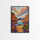 Sunset Boats, Tranquil Cove, Coastal Wall Decor, Framed Canvas Print, Beach House Art, Pastel Sky Painting, Colorful Nautical Art