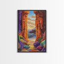 Hidden Cove, Rocky Entry, Ocean View, Sunset Moment, Framed Canvas Print, Bedroom Wall Art, Seaside Fantasy, Desert Coastal Decor