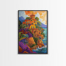 Sunset Mission by Sea, Spanish Coastal Church, Tropical Mountain View, Framed Canvas Print, Living Room Art, Bold Wall Statement