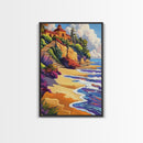 Seaside Villa, Cliffside Beach, Coastal Home Art, Warm Summer Scene, Mediterranean Decor, Canvas Print, Dining Room Wall Accent