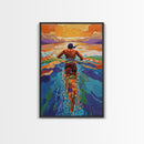 Man Swimming Sunset, Ocean Freedom Art, Tropical Wall Decor, Canvas Print, Bright Water Colors, Bold Bathroom Wall Art