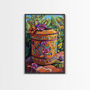 Floral Pot Still Life, Garden Patio Art, Colorful Ceramic Design, Framed Canvas Print, Kitchen Wall Art, Bohemian Home Style