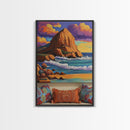 Sunset Beach, Cliffs, Waves, Framed Canvas Print vibrant coastal wall art, beach house decor, ocean cliffs, boho style, living room wall art