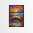 Sunset Lake Reflection, Fiery Sky, Tranquil Water, Mountain Glow, Framed Canvas Print, Bedroom Wall Art, Autumn Decor, Serene Art