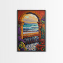 Stone Archway Ocean, Dreamy Seaside Scene, Romantic Sunset Art, Framed Canvas Print, Coastal Entryway Wall Art, Vacation Vibes
