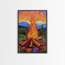 Flames Forest, Dusk, Firelight, Framed Canvas Print rustic bonfire wall art, forest painting, Autumn cabin decor, cozy living room wall art