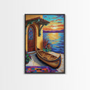 Lakeside Sunset, Canoe, Serenity, Framed Canvas Print, rustic lakefront, sunset art, cozy cabin vibe, boho lakehouse wall art, den art