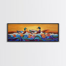 Ducks On Waves, Colorful Animal Art, Whimsical Sunset, Floral Ocean Scene, Canvas Print, Fun Kitchen Art, Kids Room Wall Art