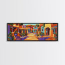 Colorful Village Lane, Bright Street Scene, Adobe Style Architecture, Framed Canvas Print, Boho Entryway Wall Art, Kitchen Decor