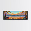 Beach Sunset, Palm Trees, Volleyball Net, Tropical Decor, Framed Canvas Print, Coastal Wall Art, Boho Beach Vibes, Game Room Art
