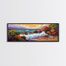 Ocean Wave Crash, Coastal Rock Shore, Vibrant Seascape Painting, Framed Canvas Print, Beach Bathroom or Nautical Living Room Art