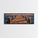 Wooden Dock Sunset, Ocean Pier Painting, Tranquil Seascape Decor, Nautical Beach House Style, Framed Canvas Print