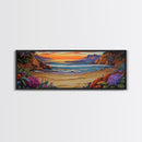Tranquil Beach Sunset, Colorful Coastal Scene, Ocean Cliff View, Floral Accents, Framed Canvas Print, Dining Room art,  Office Art