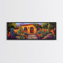 Southwest Garden Entrance, Cactus Desert Home, Rustic Charm, Framed Canvas Print, Living Room Wall Art, Vibrant Adobe Artwork