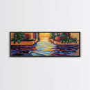 Sunset Canal Garden, Water Reflections, Warm Floral Courtyard, Framed Canvas Print, Kitchen Wall Art, Romantic Boho Artwork