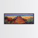 Seaside Path Art, Beach Boardwalk Print, Coastal Nature Scene, Tropical Living Room Wall Decor, Boho Style Framed Canvas Print